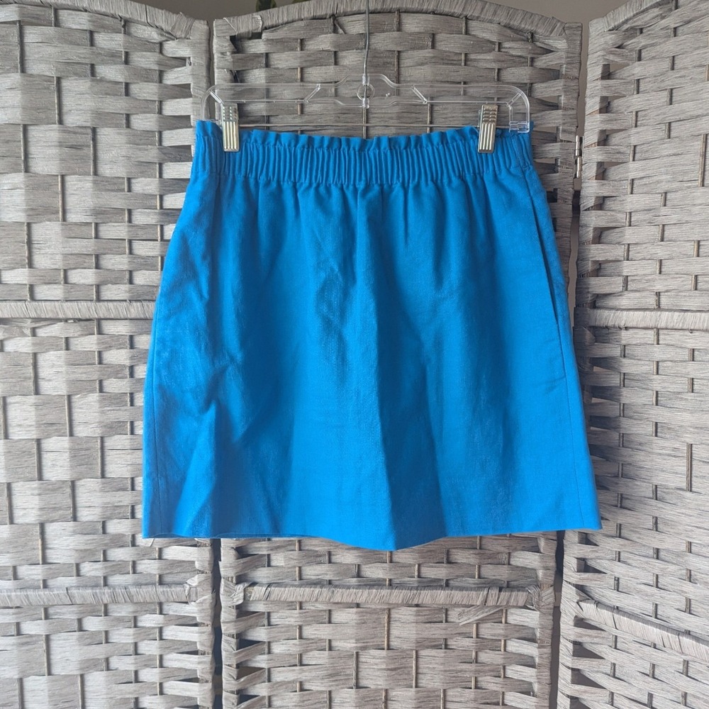 J.Crew Mini Skirt‎ Blue Linen Blend Elastic Waist Sz 4 Preppy Coastal Colorful